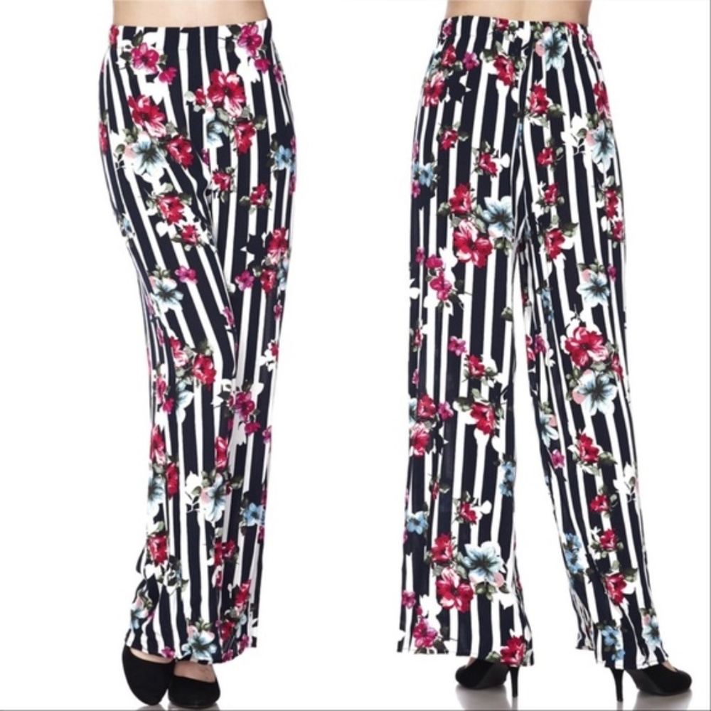 Wide legged floral striped trousers womens - Picture 2 of 2